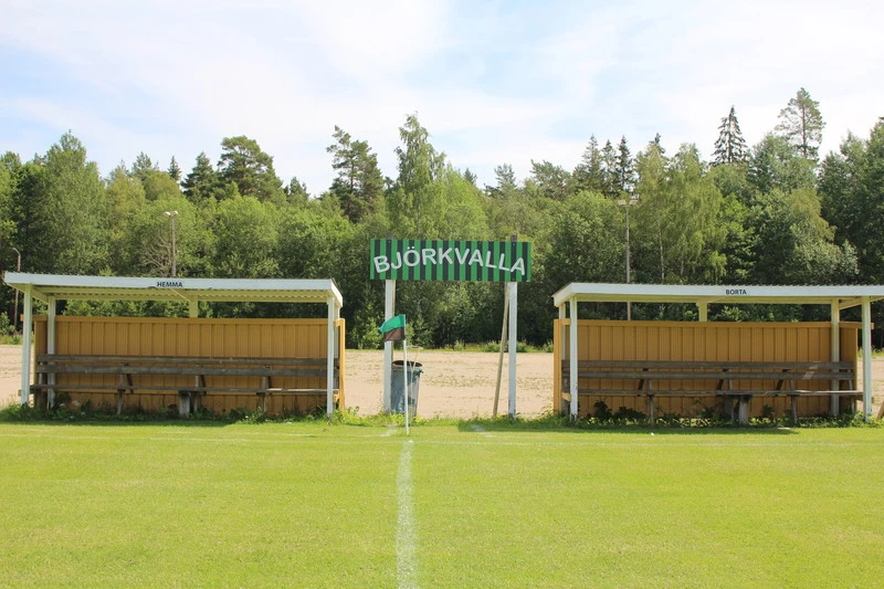Bilden visar en fotbollsplan med två avbytarbänkar, en på varje sida av planen. Ovanför bänkarna finns skyltar som markerar "HEMMA" och "BORTA". I mitten syns en skylt med texten "BJÖRKVALLA". Bakom planen finns träd och skog.