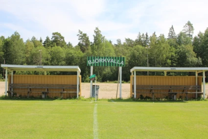 Bilden visar en fotbollsplan med två avbytarbänkar, en på varje sida av planen. Ovanför bänkarna finns skyltar som markerar "HEMMA" och "BORTA". I mitten syns en skylt med texten "BJÖRKVALLA". Bakom planen finns träd och skog.