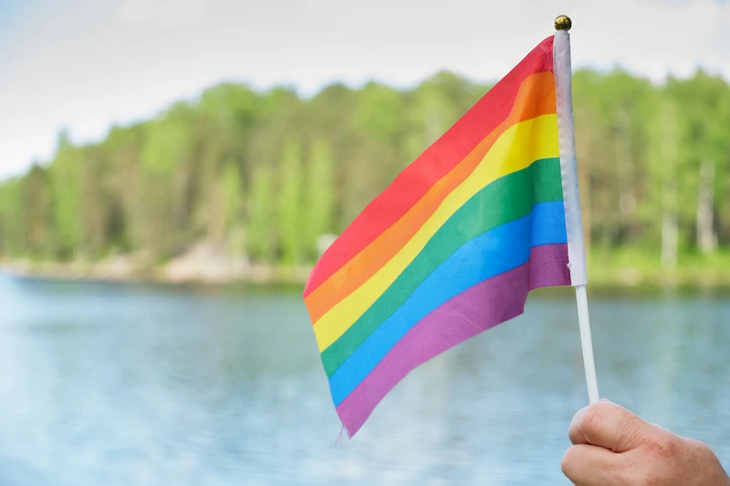 Hand som h&aring;ller en regnb&aring;gsflagga framf&ouml;r en sj&ouml; med tr&auml;d i bakgrunden. Flaggan har horisontella r&auml;nder i r&ouml;tt, orange, gult, gr&ouml;nt, bl&aring;tt och lila.