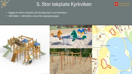 Text och beskrivning av medborgarbudget i Linneryd. Bild föreställer karta på området samt lekpark för exempel.