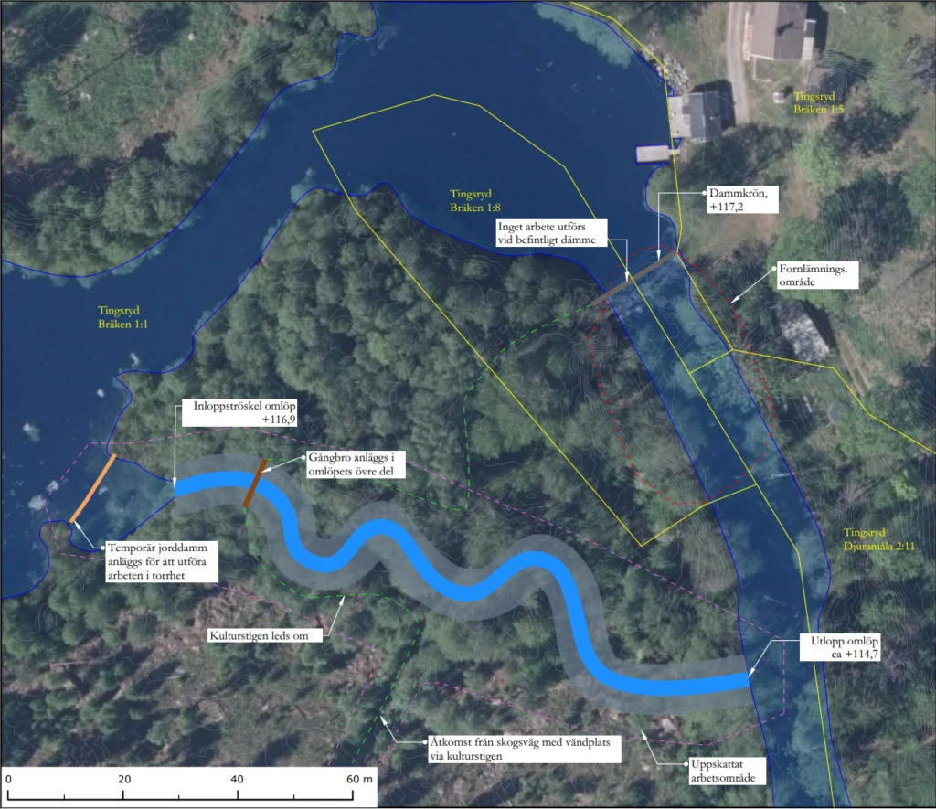Planerat omlöp söder om befintligt dämme.
