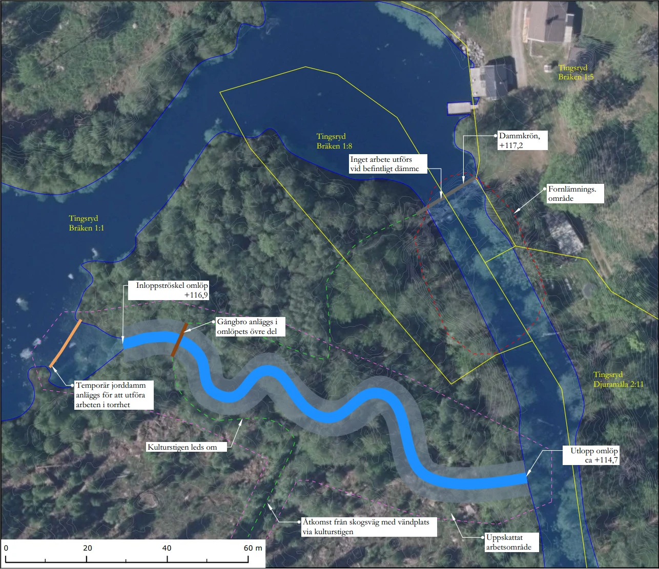 Planerat omlöp söder om befintligt dämme.