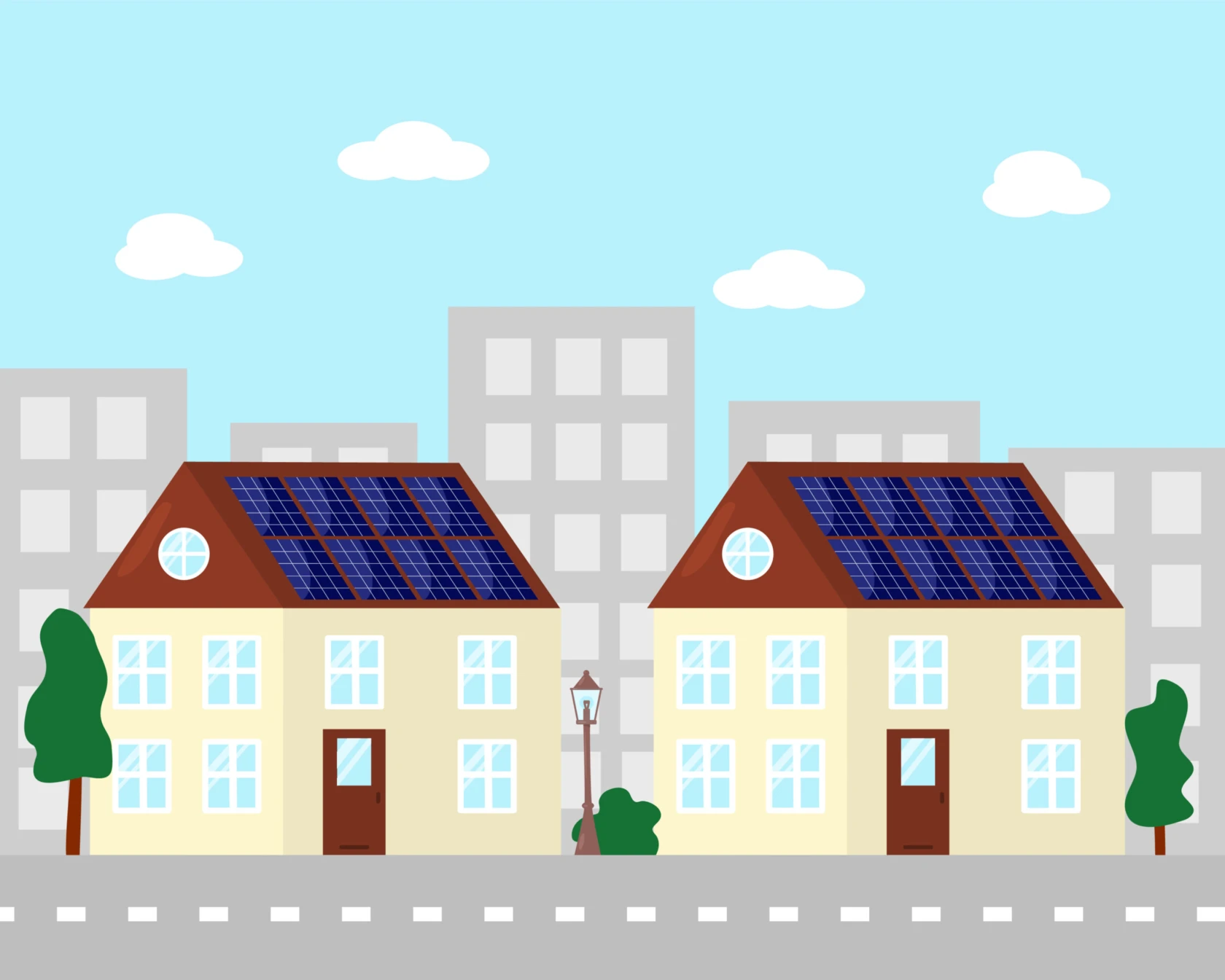 Tecknad bild av två hus med lägenhetshus i bakgrunden
