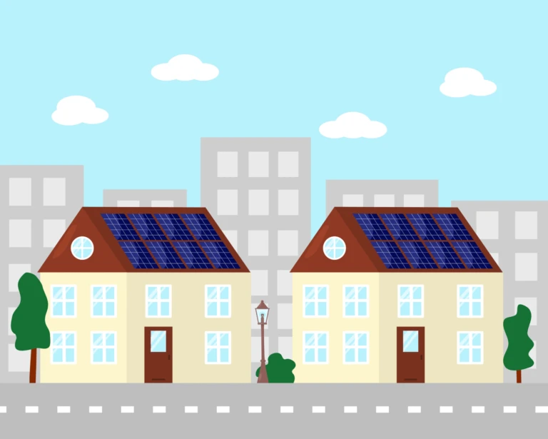 Tecknad bild av två hus med lägenhetshus i bakgrunden