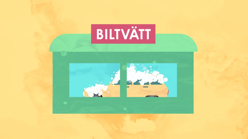 Tecknad bild av bil i biltvätt och en skylt med ordet biltvätt.