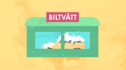 Tecknad bild av bil i biltvätt och en skylt med ordet biltvätt.